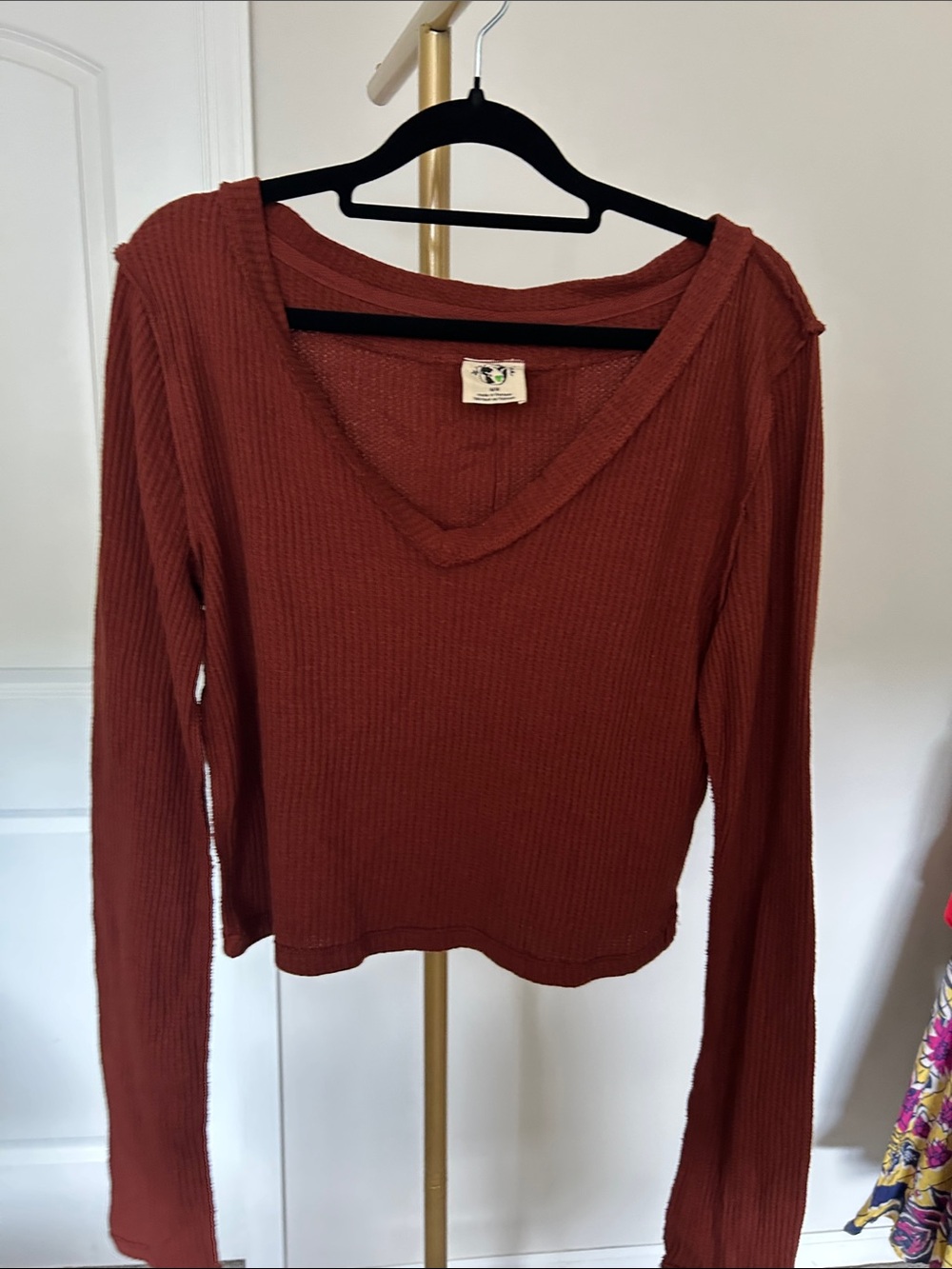 We The Free Ribbed V-Neck Long Sleeve Top — Red Brown